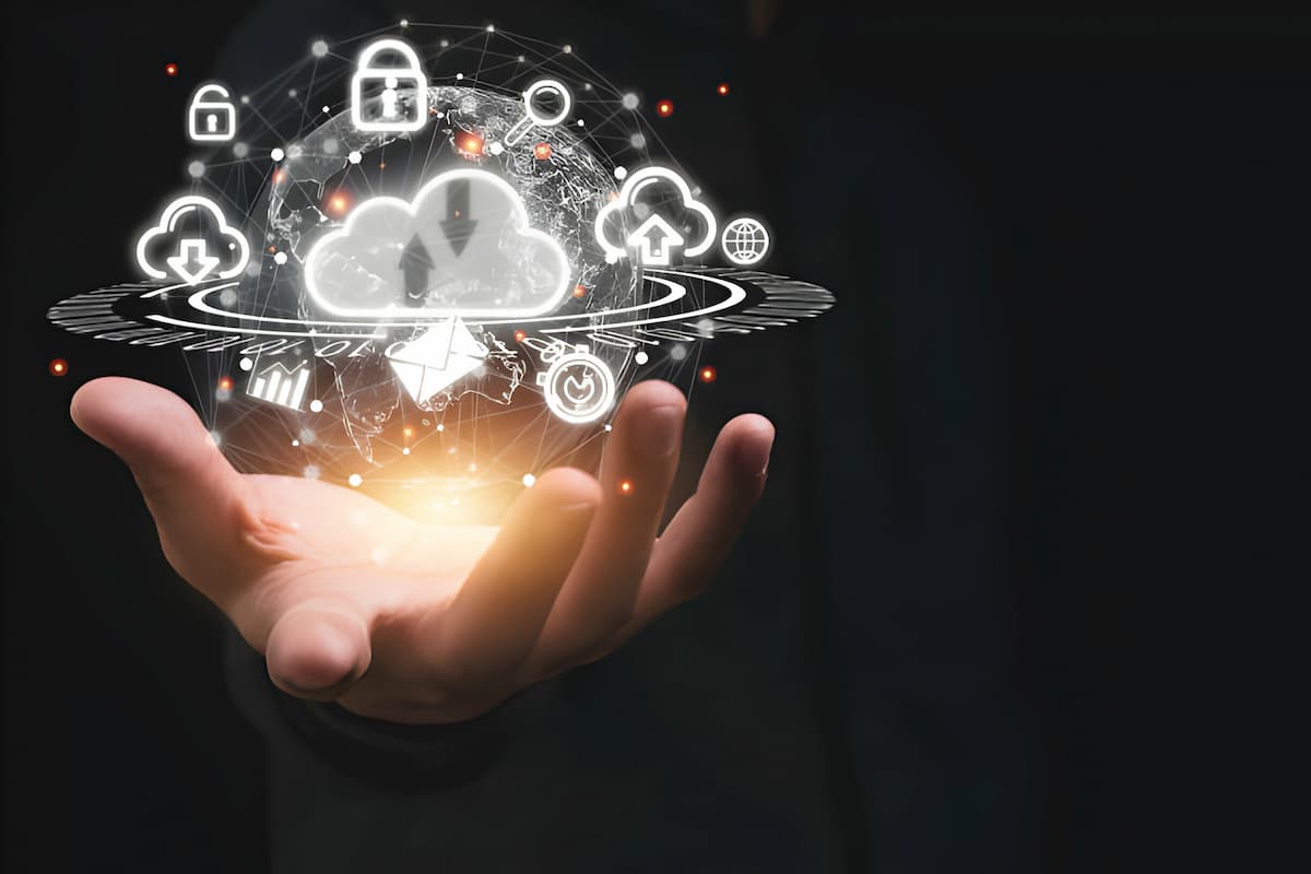Cloud advisory: a hand holding a network of cloud, security and data icons