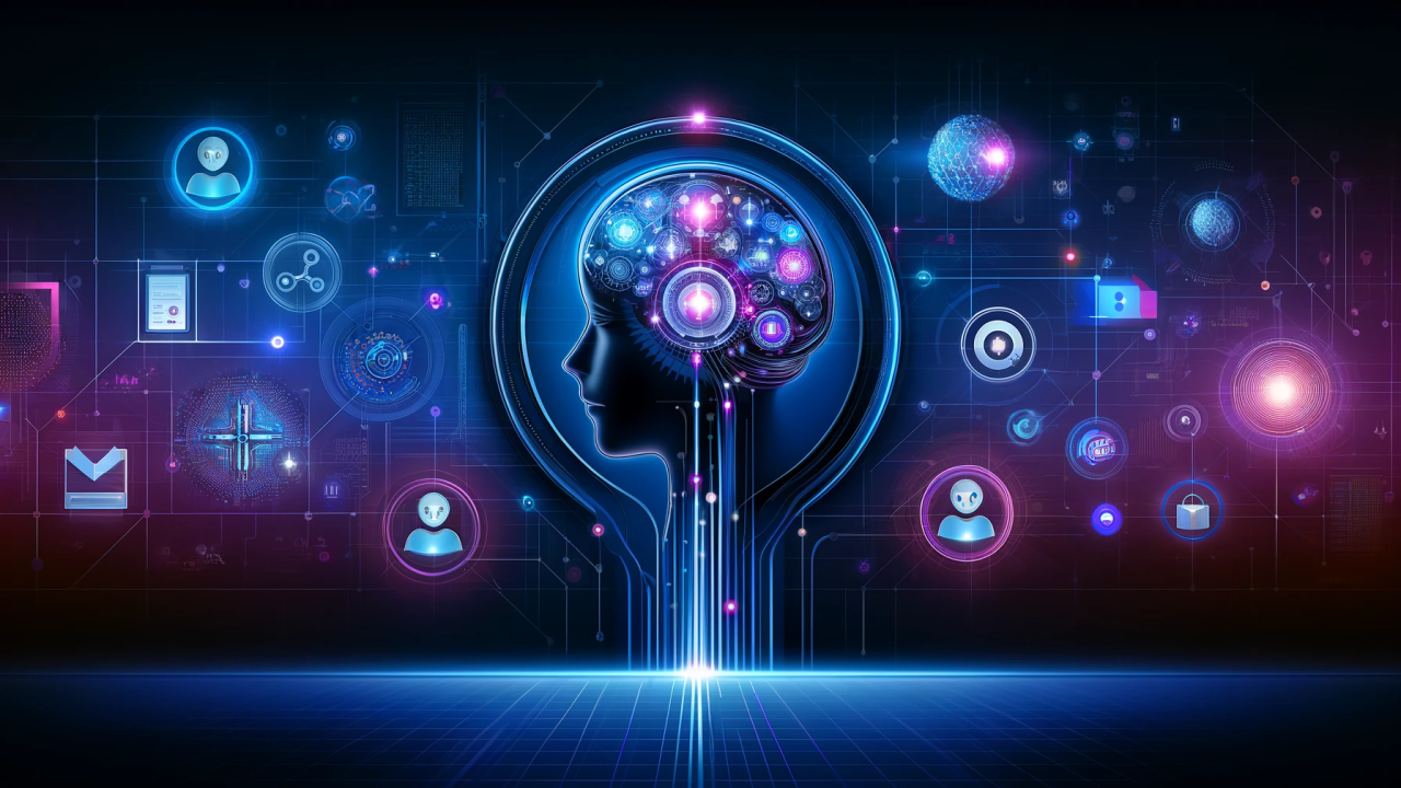 AI talent network: a digital brain connected to data, security and collaboration icons