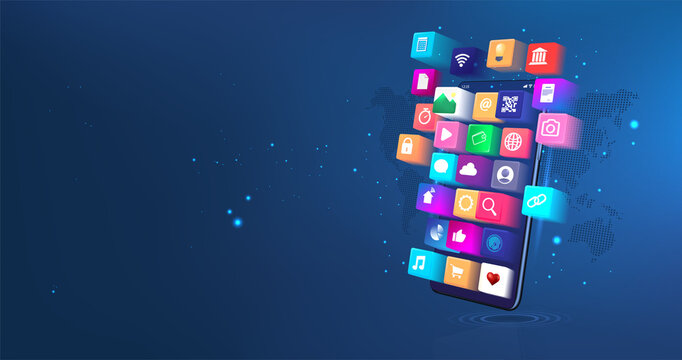 Mobile application with a grid of connected app icons and services